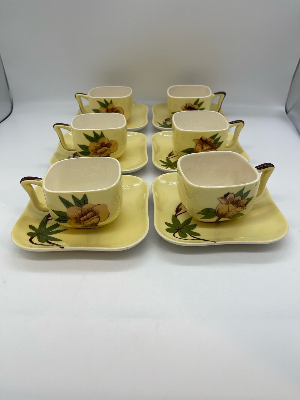 Weil Ware Yellow Rose California 6 Sets of Cups and Saucers Vintage Mid Century